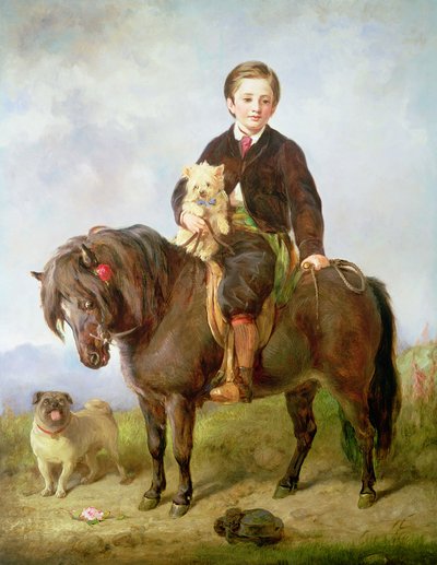 John Samuel Bradford as a Boy Seated on a Shetland Pony with a Pug Dog, 19th Century by Gourlay Steel